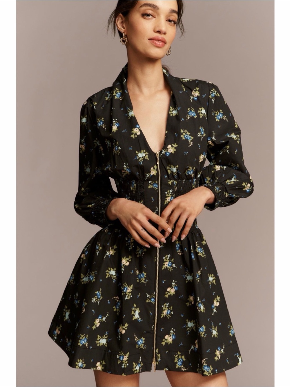 NEW Anthropologie Tommie Long-Sleeve Smocked Front-Zip Mini Shirtdress Medium